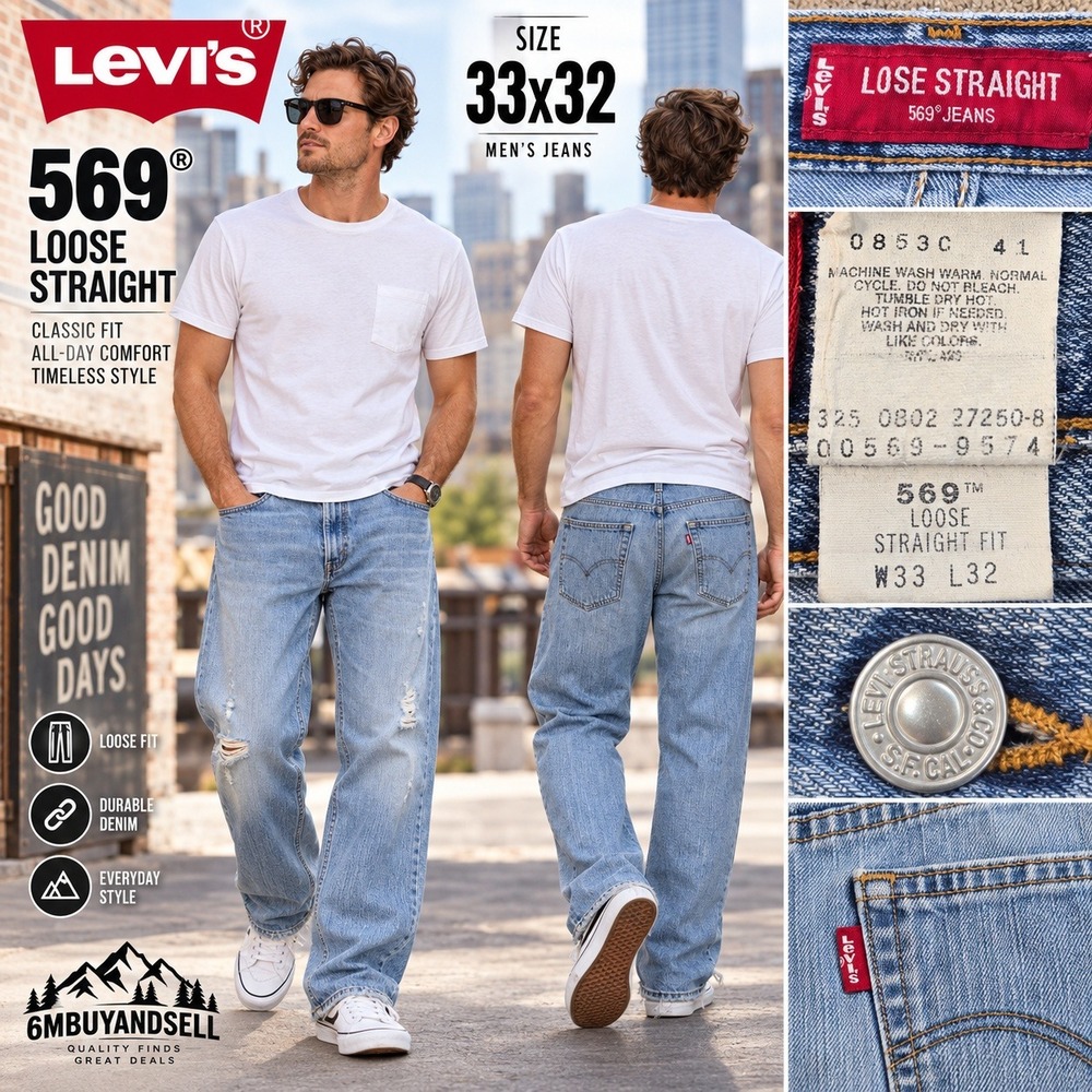 Levis 569 Loose Straight Jeans Mens 33x32 Light Wash Distressed Blue Denim Y2K